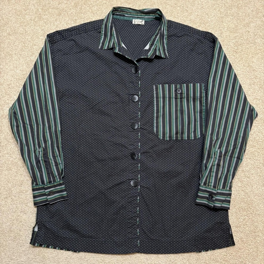 Free People Intimately Shirt Womens M/L Black Polka Dot Stripe Button Up Top FP